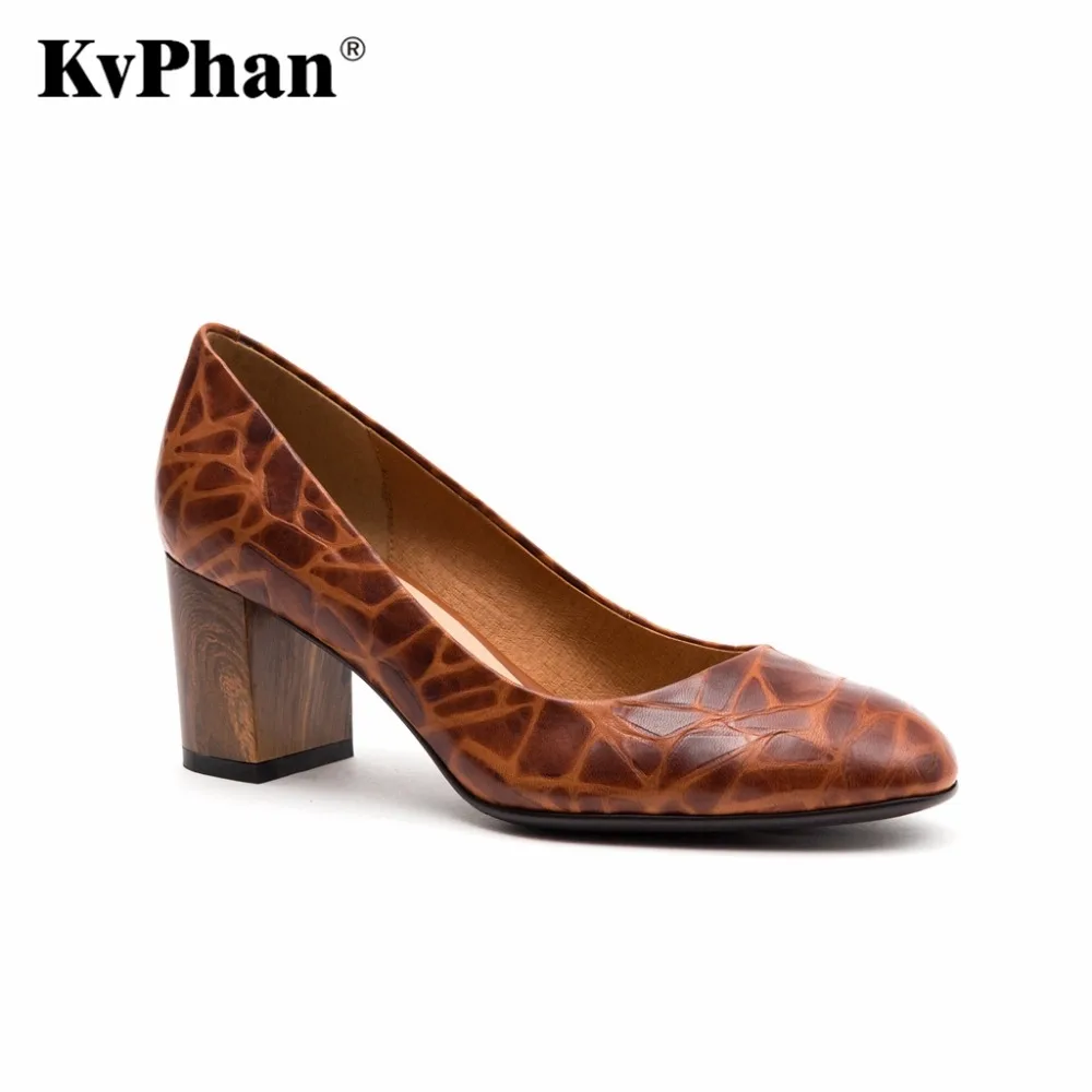 

KvPhan High Heels Genuine Leather Pumps For Women Shoes Square Heel SEXY Slip On Bridal Shoes Wooden Pattern Female shoes