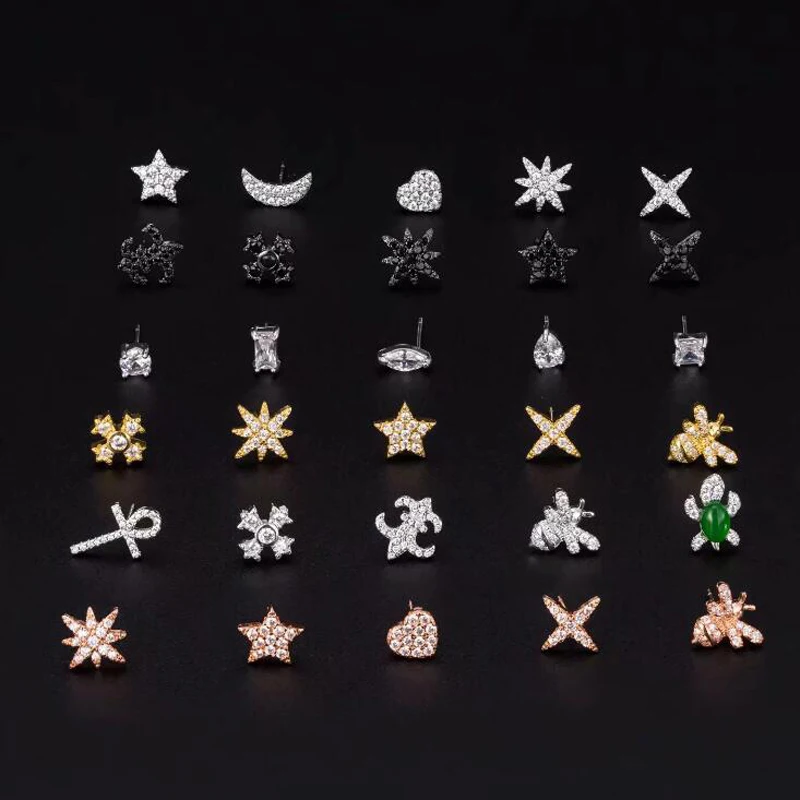 Микс наборы серьги для женщин микро Мозаика Топ фианиты кристаллы звезда пчела Крест стерлингового серебра Серьги Шпильки Модные ювелирные изделия