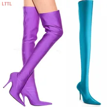 2017 New over the knee Boots satin pointed toe candy color elastic slim thin High heel T-show sexy Shoes Women Botas Mujer