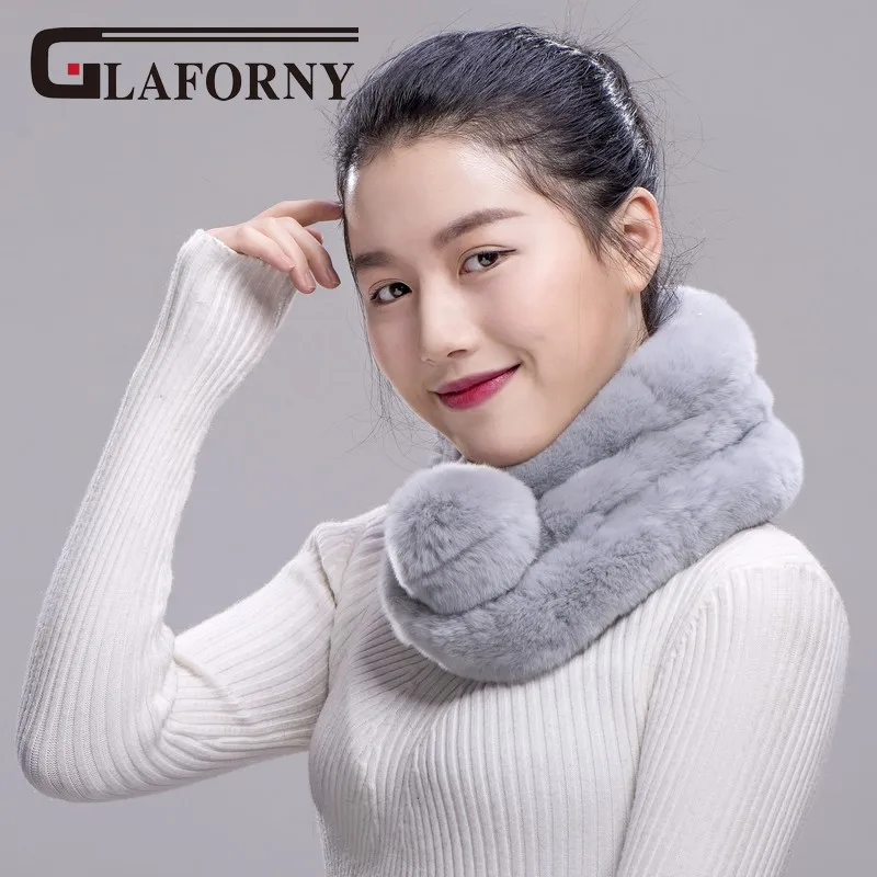 

Glaforny 2018 Women Rabbit Fur Scarf Autumn And Winter Real fur Scarves Natural Rabbit Scarf With Ball Pele scarves cachecol