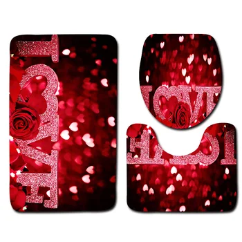 

Romantic 3-Piece Set Style Love Rose Red Rug Mat Washable Non-Slip Soft Rug Bathroom Toilet Tub Shower Absorbent Carpet
