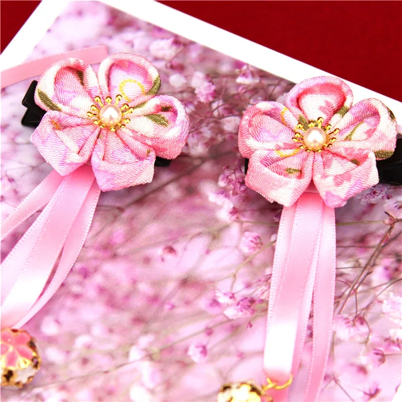 Принцесса заколки для волос заколки Kanzashi Yukata аксессуары для кимоно красный розовый девушки кисточкой цветок ленты Бисероплетение фестиваль подарок