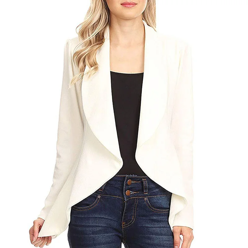 Solid Open Front Short Cardigan blazer office women Notched Office lady white blezer femenina Spring Autumn fashion basic top