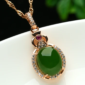 

925 silver Gold Natural Green HeTian Yu Gem Stone Inlay Lucky Pendant Necklace + certificate Fashion Fine Jewelry