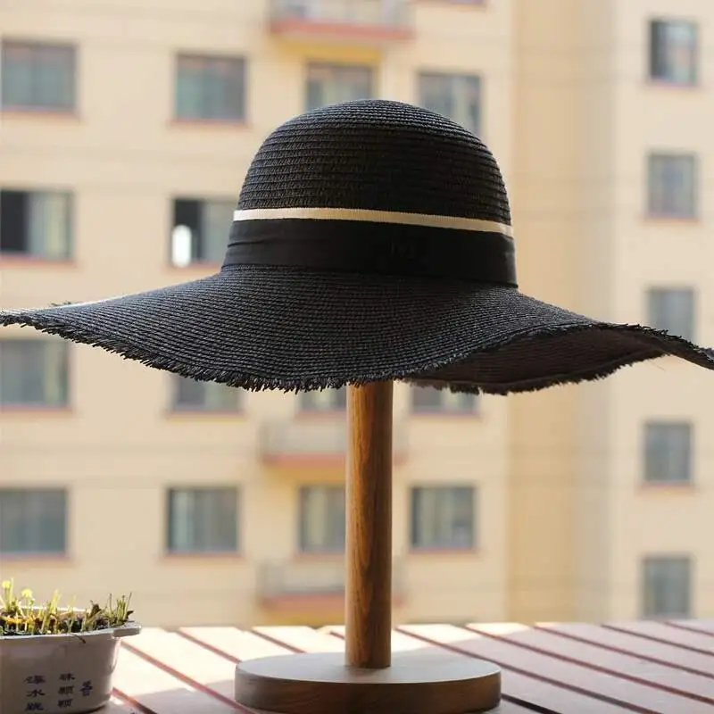 Новинка года, шляпа от солнца в черно-белую полоску с бантом и логотипом M, красивая женская Соломенная пляжная шляпа, шляпа с широкими полями