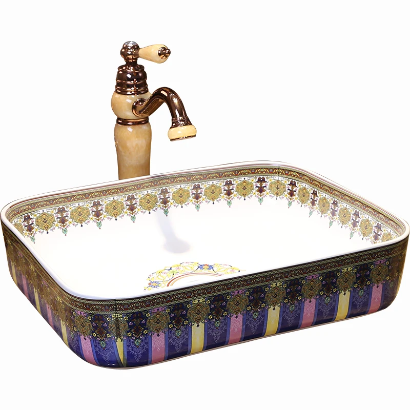 Прямоугольный бледно-лиловый фарфора классического искусства лотоса раковины для ванной комнаты керамическая чаша на столешницу керамическая раковина