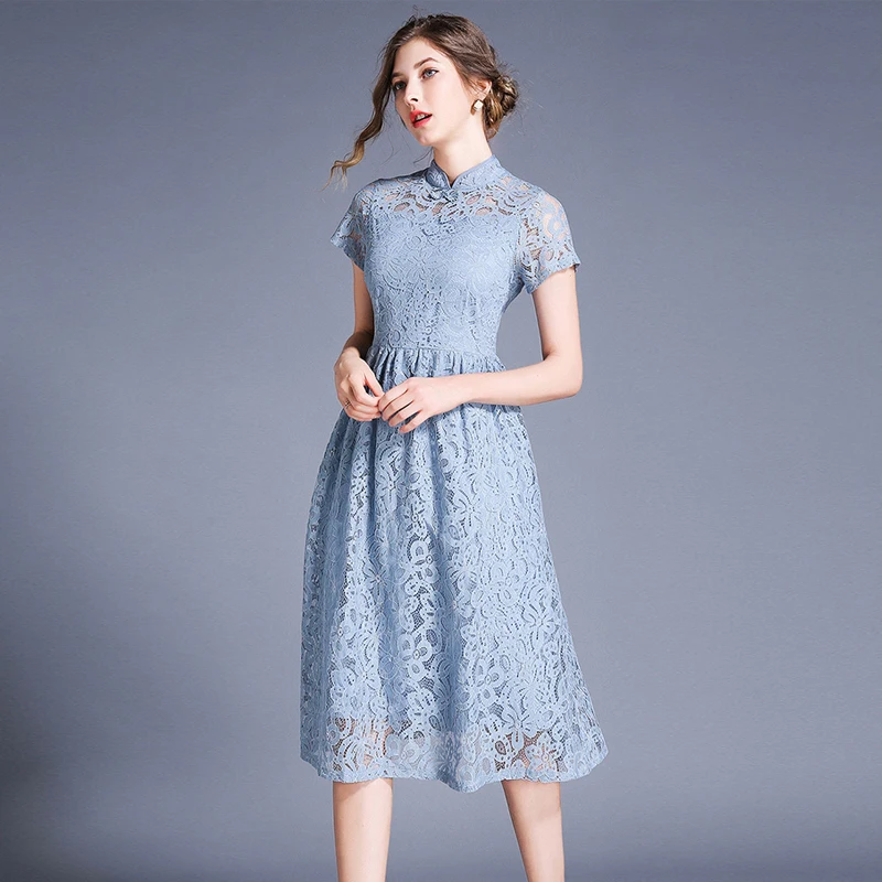 

2019 Autumn Office Lady Work Lace Dress Women Black Blue Runway Dresses Elegant Evening Party Vintage Casual Vestidos Hollow Out