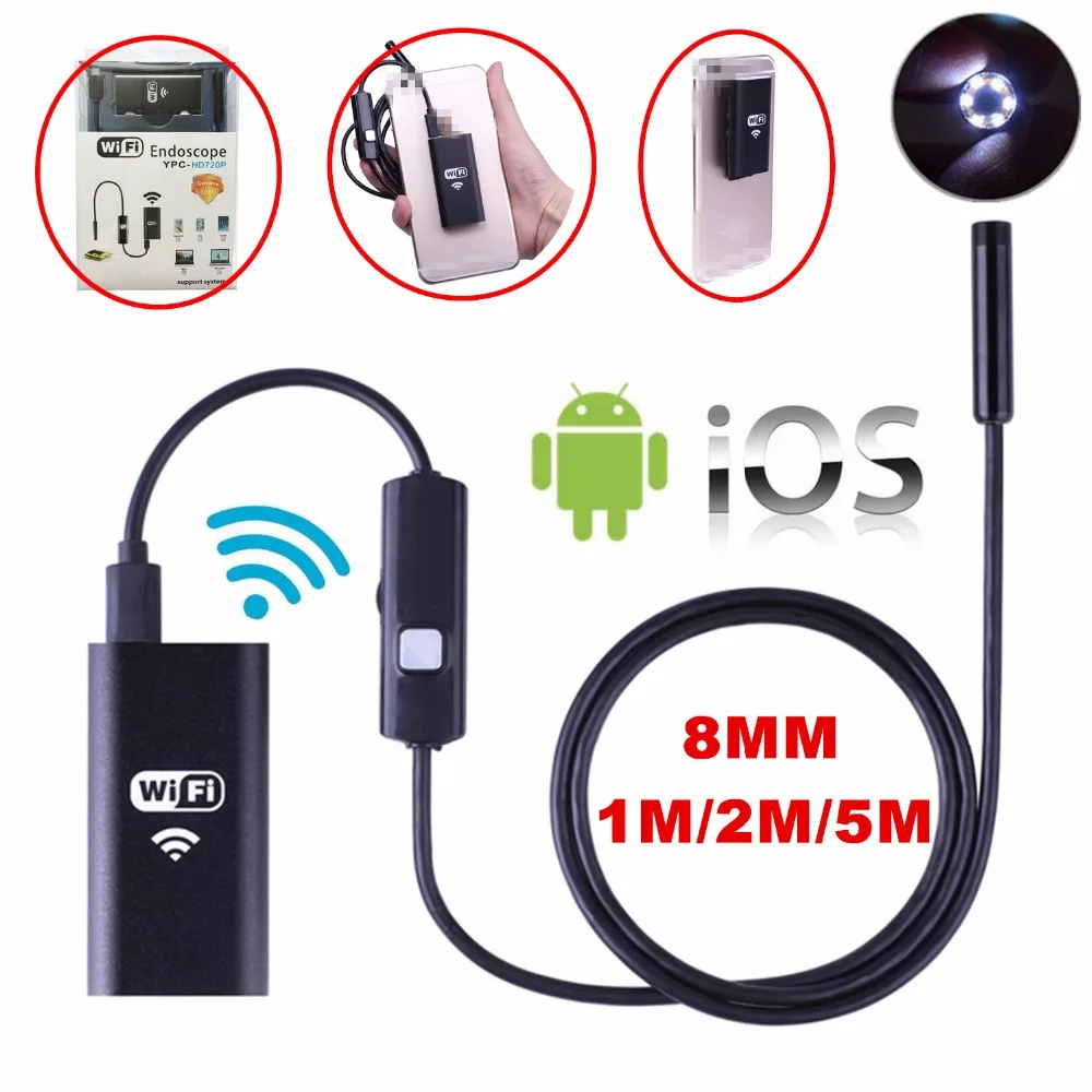 8MM Lens Wifi Wireless Endoscope Inspection Camera IP67 Waterproof Borescope For Iphone IOS Windows Android 1m 2m 5m cable