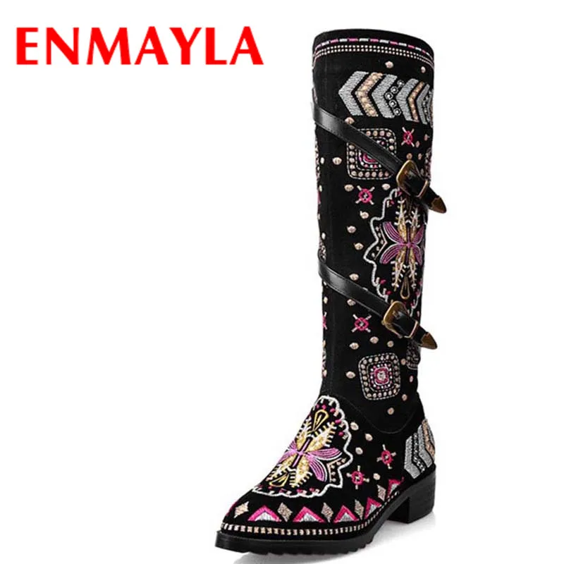 

ENMAYLA National Style Leather Embroidered Shoes Woman Buckle Motorcycle Boots Women Low Heel Round Toe Winter Knee High Boots