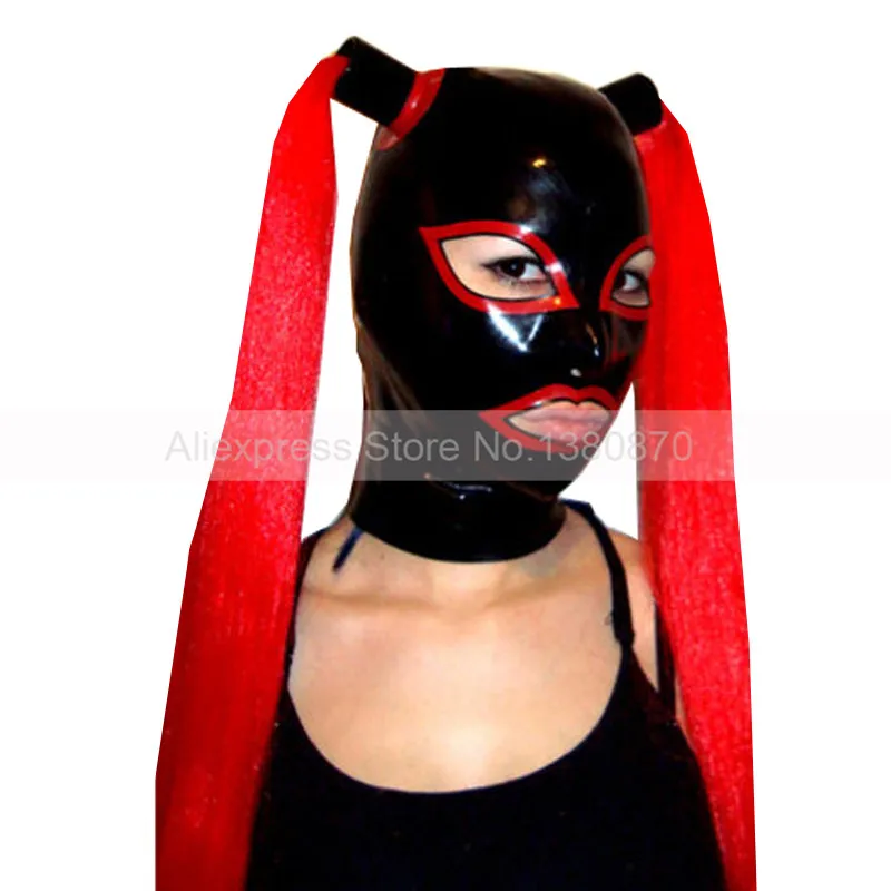 

Unisex Sexy Latex Rubber Hood with Two Red Hair Pigtails Mask Back Zip Handmade Size Custom Made S-LM206