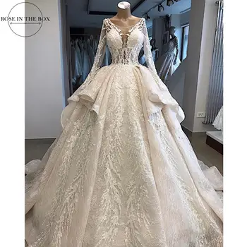 شراءرداء دي Mariee الفاخرة الرباط يزين فستان الزفاف 2019 الوهم كم طويل الزفاف أثواب المحكمة قطار فستان الزفاف