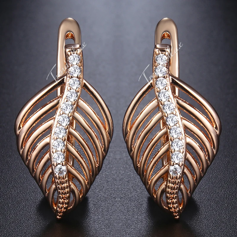 585, розовое золото, заполненные женские серьги, прозрачный CZ камень, в форме листа, серьги-гвоздики, модные ювелирные изделия GE166