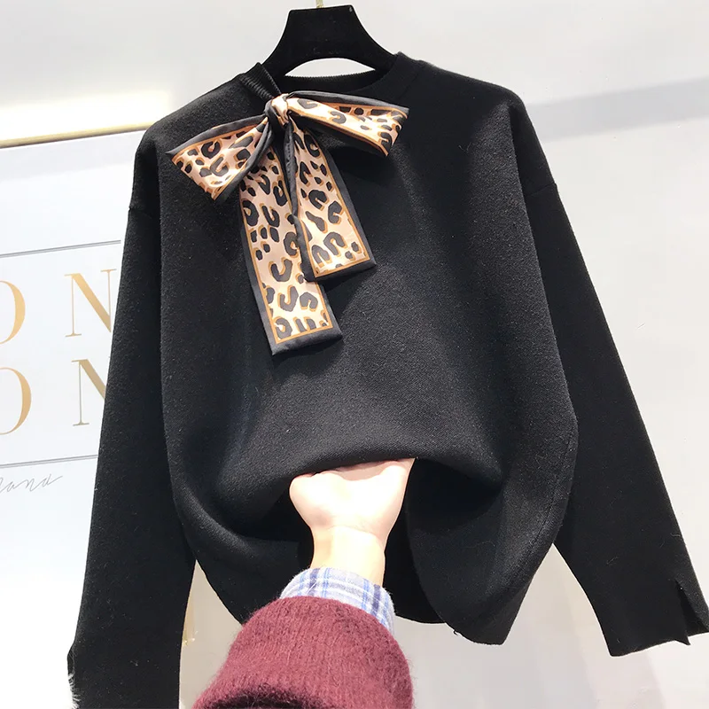 

quality ! Europe spring Korean female leopard sweater knit lace bow tie all-match split long sleeved pullover top knit shirt