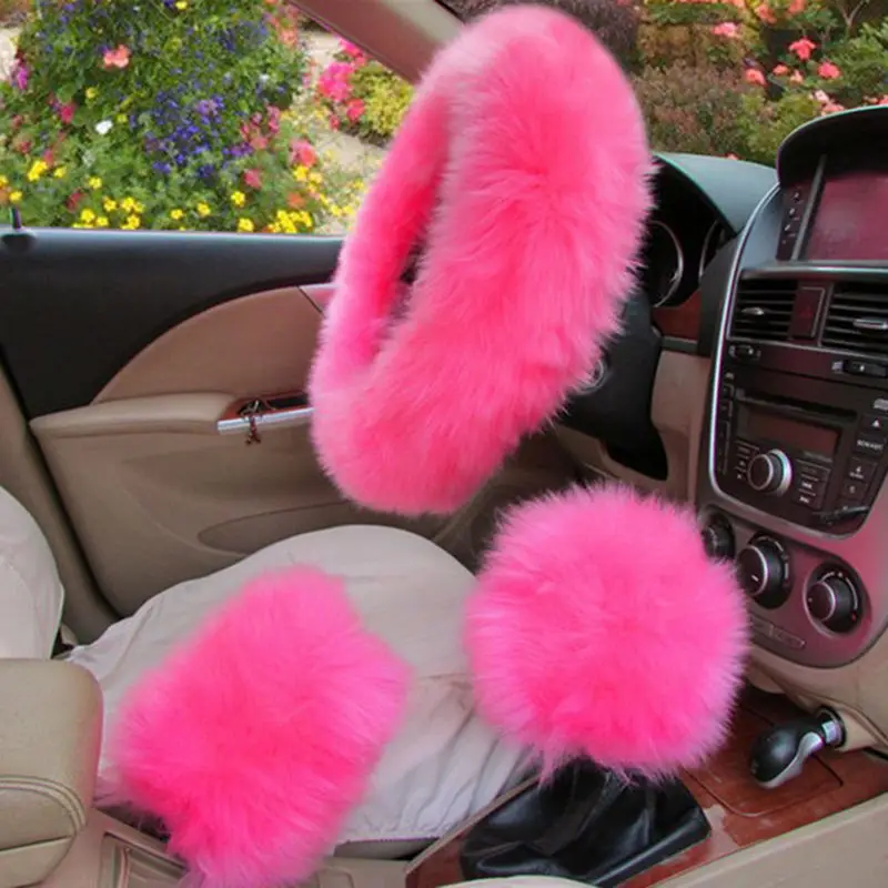 Розовый Шерстяной Чехол на переднее сиденье автомобиля+ Меховой чехол на рулевое колесо автомобиля для зимы, универсальный меховой пушистый толстый искусственный