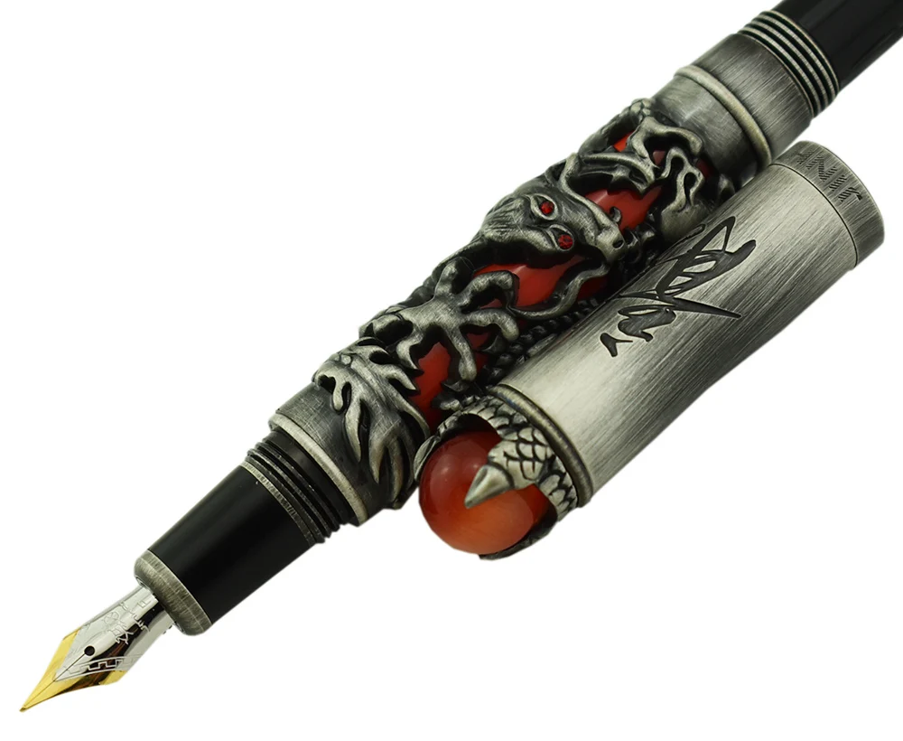 Jinhao Dragon King винтажная авторучка, уникальное Металлическое Тиснение Hi-tech, серые и красные офисные принадлежности для дома