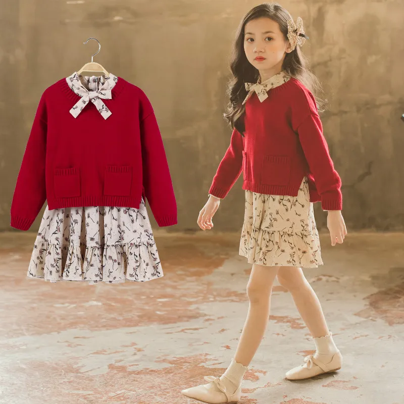 

Girls Spring Autumn Long Sleeve Girls Clothing Sets Knit Sweater+Floral Dress Children Clothes Kids Sweater Dress 4-15Yrs CC888