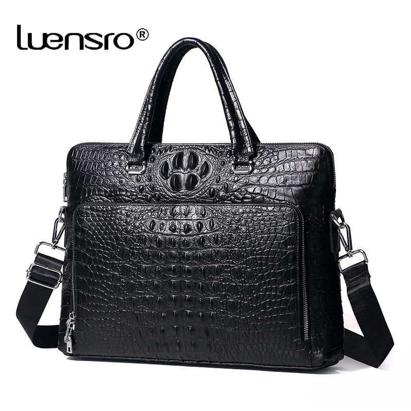 Real Cow Leather Men's Briefcase Luxury Crocodile Pattern Cowhide Male Shoulder Bag Commercial Business Bags | Багаж и сумки