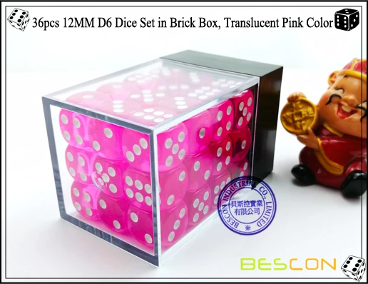 Bescon 12 мм 6 кубиков 36 в коробка в форме лего-блока, 12 мм шестигранники под давлением(36) кубиков, прозрачный розовый с белым пунктов