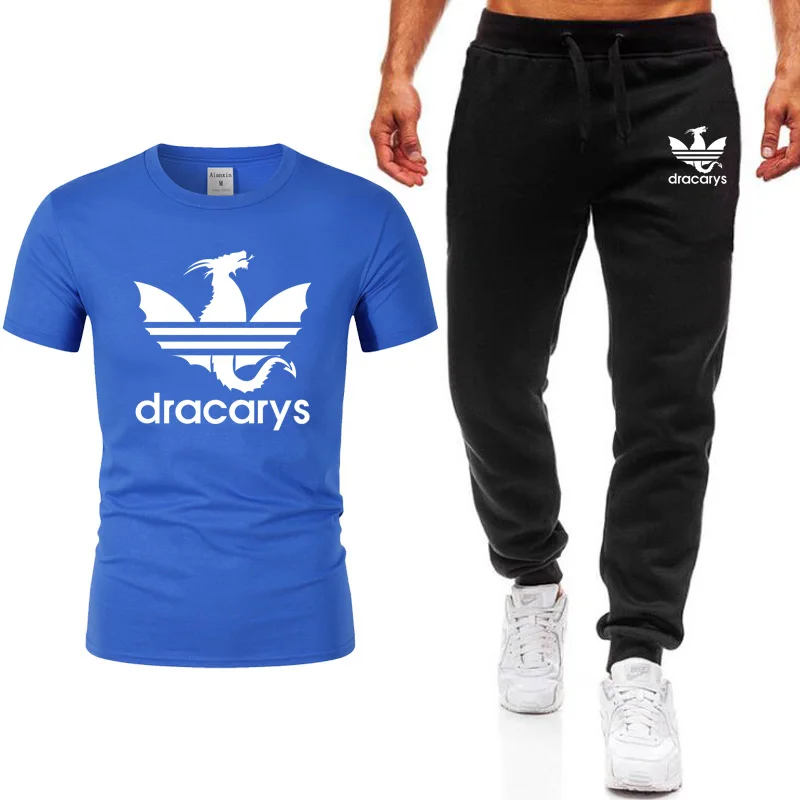 

2019 new premium brand men's T-shirt set 2 casual short-sleeved o collar fashion printed cotton T-shirt and trousers for men