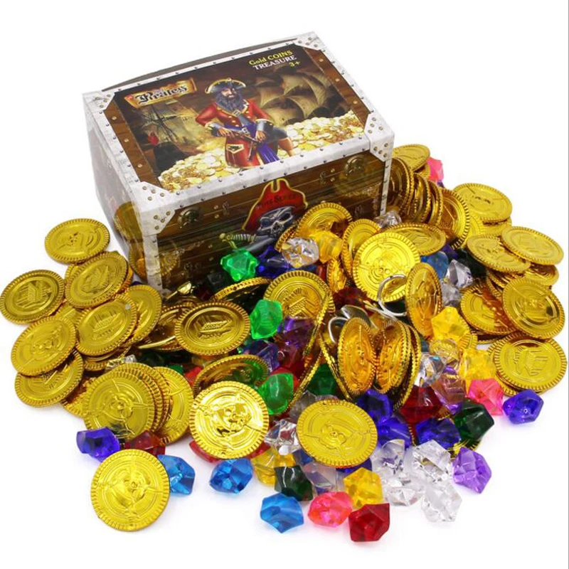 

100 Pieces Pirate Gold Coins and 100 Pieces Pirate Treasure Gems Jewelry Plastic Coin Treasure Jewels for Party Favor Decoration