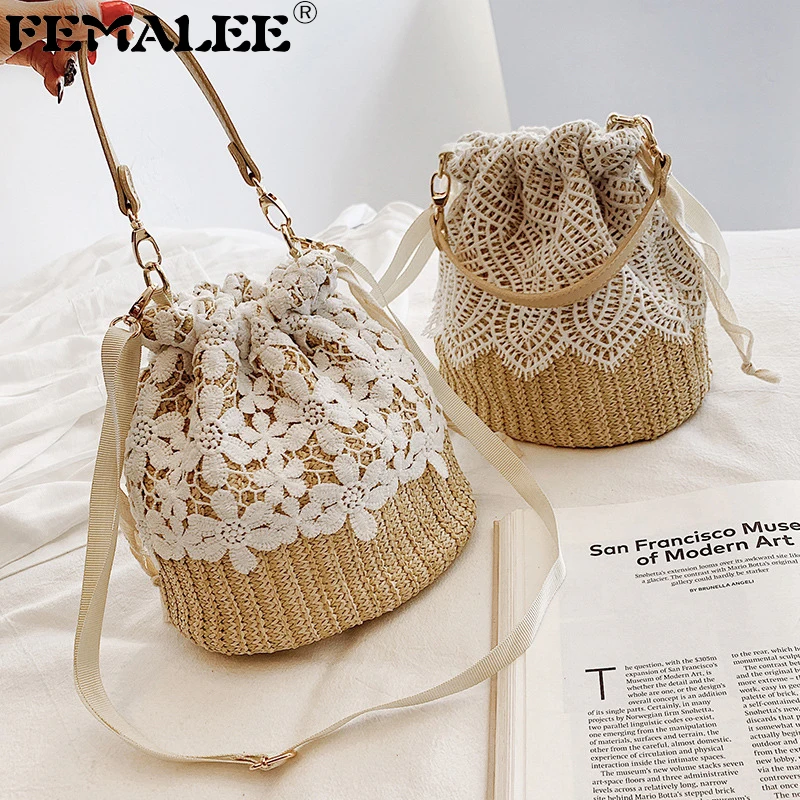 

FEMALEE 2019 New Female Knitting Bag Straw Bag For Women Summer Lace Beach Handbag Woven Bucket Tote Handmade bolsas femonina