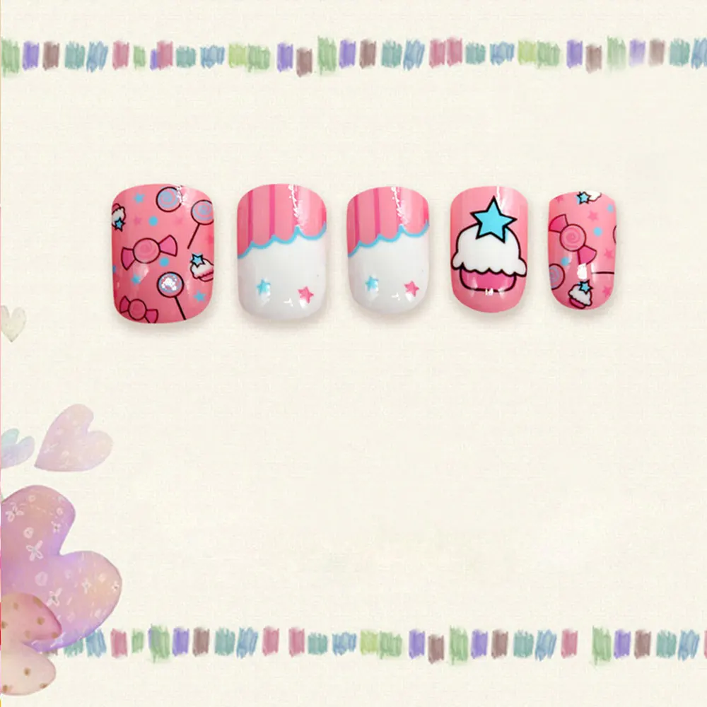 24 шт. милые детские конфеты поддельные ногти советы мультфильм 2 полное покрытие дети розовый не повредить руки для украшения кончиков ногтей для маленьких девочек подарок