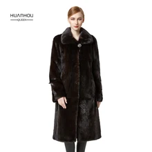 HUANHOU QUEEN classic real mink fur coat for women’s thick warm with fur hood,special collar and button,full pelt.