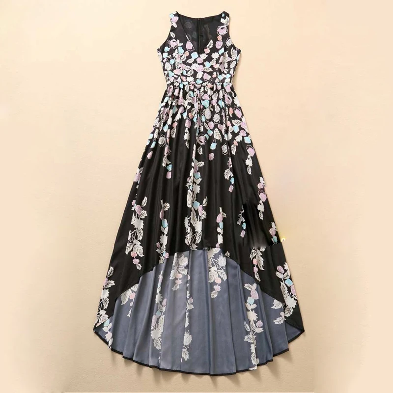 2017 Runway Designer Ladies Sexy V-neck Gorgeous Floral Printing Elegant Dovetail Long Maxi Dress long-floral-maxi