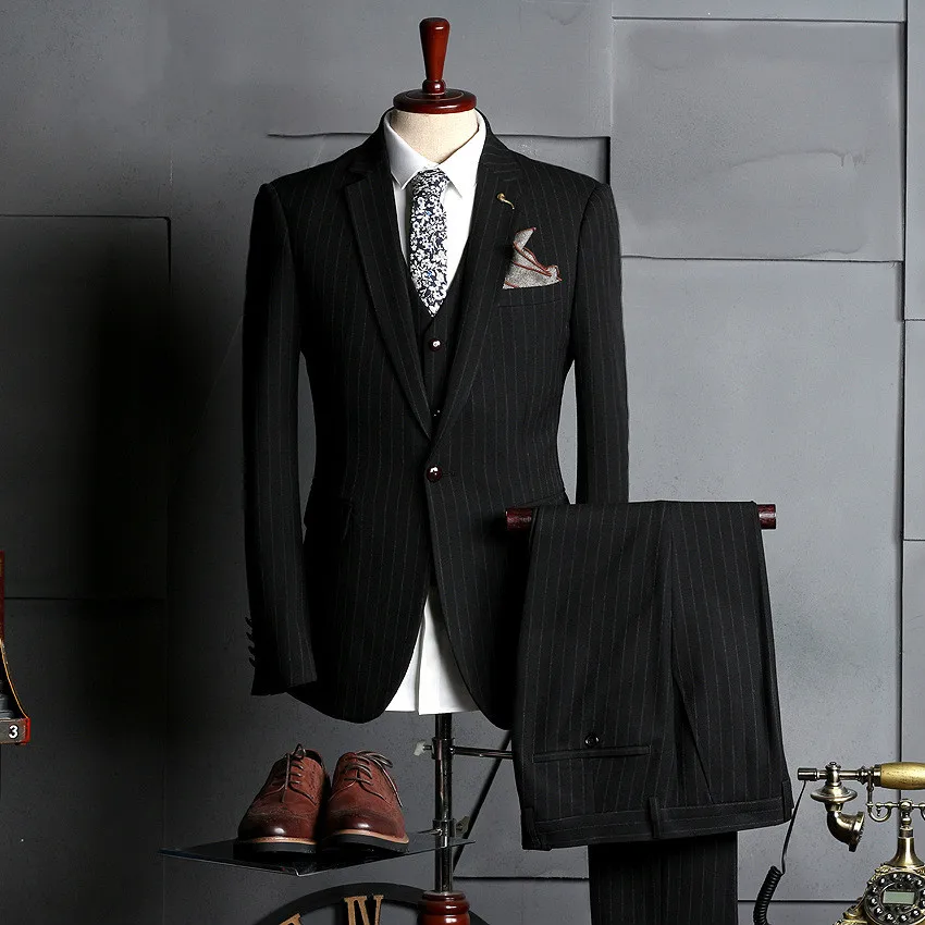 Men Clothes New Casual Men's Set Classic Striped Suit Three-piece Set Wedding Dress Business Groomsman Men Suit