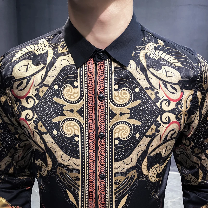 Дизайнерская одежда, рубашки в стиле барокко, мужские рубашки с рисунком, роскошные мужские вечерние рубашки с золотым принтом, Camisa Masculina, облегающие Клубные рубашки