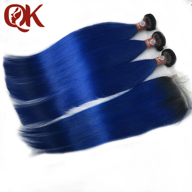 

QueenKing Hair Ombre Bundles With Closure 1B/ Blue Two Tone Human Hair Brazilian Straight Hair 3 Bundles With Closure