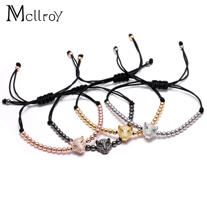 Mcllroy Silver Lion Head Leopard &Eyes Braiding Macrame Mens Bracelets with 4mm Round beads Bracelet