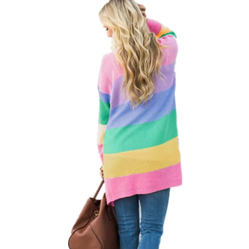 LOSSKY Rainbow Sriped Patchwork Autumn Long Cardigan Casual Loose Long Sleeve Women Winter Knitted Sweater Coat Outwear Jumpers 