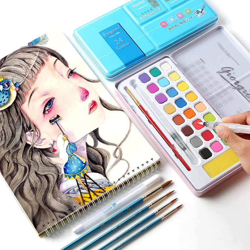 

18/24Colors Full Solid Watercolor Paint Set For Students Beginner Hand-painted Powder Painting Blue/Pink Art Supplies