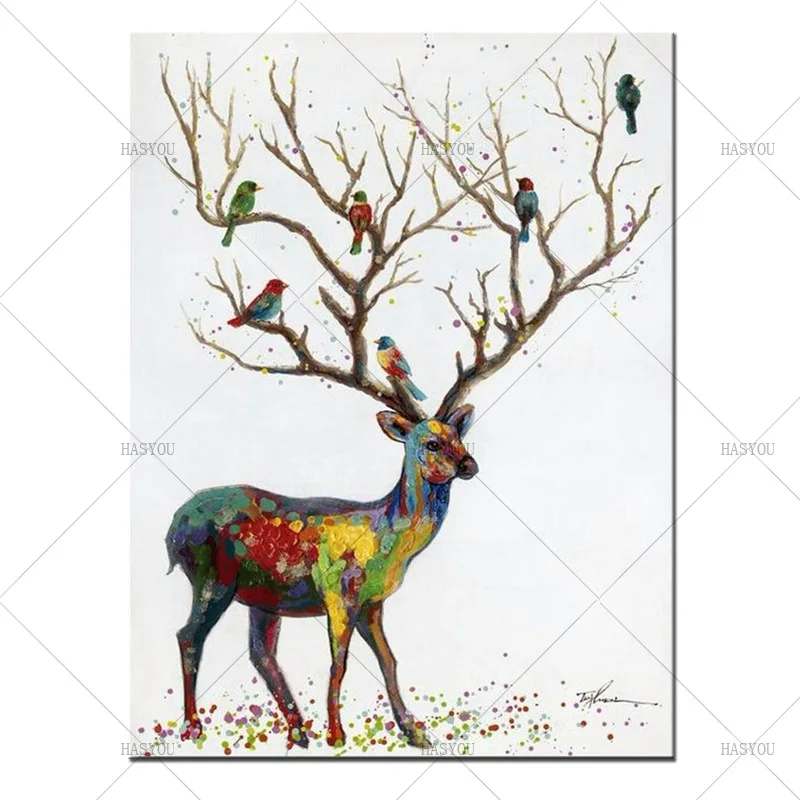Best Newest Home Decor Beautiful Colorful Deer Wall Picture Handmade Canvas Oil Painting For Living Room