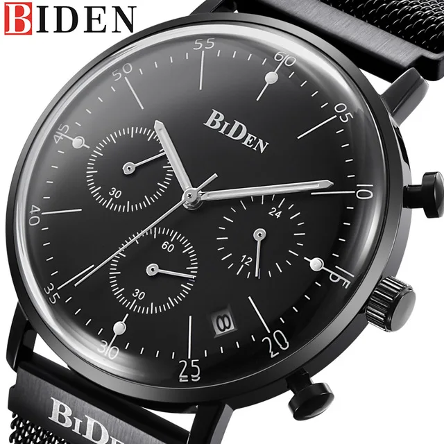 

BIDEN Luxury Chronograph Watch Military Sport Mesh Steel Strap Watch Mens Watches Business Quartz Clocks
