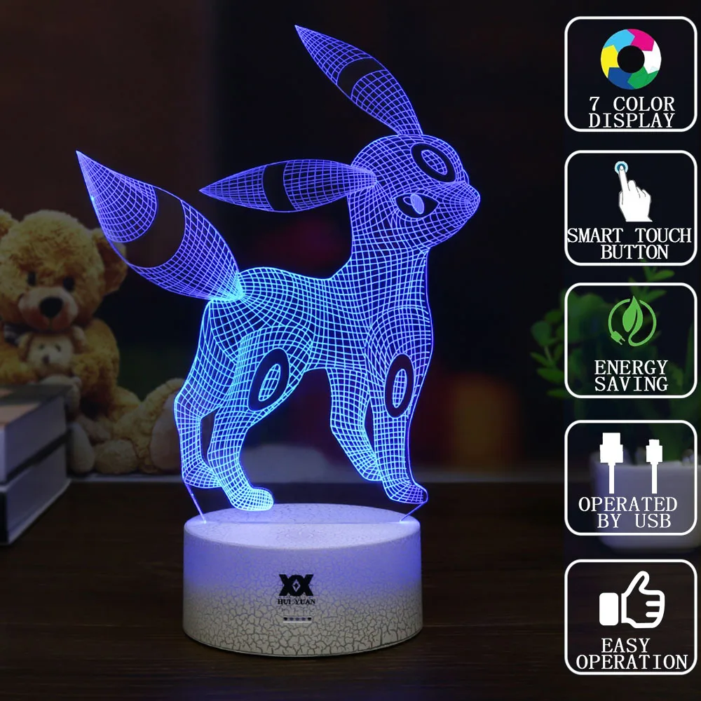 Творческий Покемон Umbreon 3D лампа визуальную иллюзию USB мультфильм ночь светодиодная 7 цветов сна настольная лампа Дети Рождественские подарки