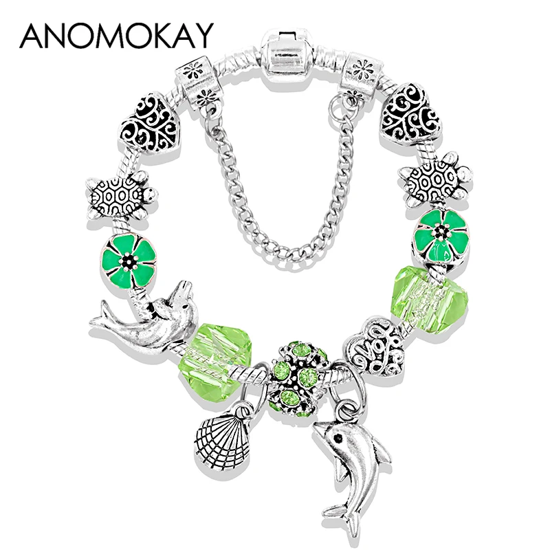 

New Design Green Crystal Flower Charm Pandora Bracelet Ocean Dolphin Turtle Shell Animal Diy Bead Bracelet Jewelry Accessories
