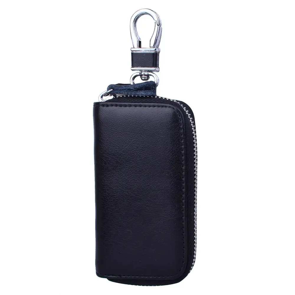 Натуральная кожаный чехол для автомобильных ключей, чехол для ключей бумажник держатель для автомобильных ключей металлический крюк и держатель для монет на молнии, сумка-бумажник для Для мужчин женщи - Цвет: Black
