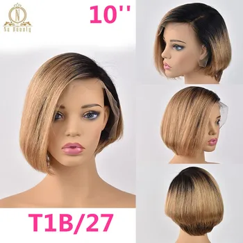 13x6 Lace Front Human Hair Short Bob Wigs Pixie Cut Ombre Color 1B 27 613 Blonde Black Straight For Women Brazilian Remy Hair 5