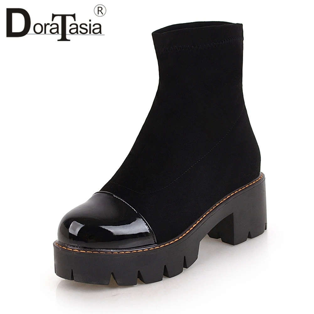 

DORATASIA 2019 Autumn New Large Size 33-43 School Girl Fashion Patchwork Platform Ankle Boots Women High Wide Heels Shoes Woman