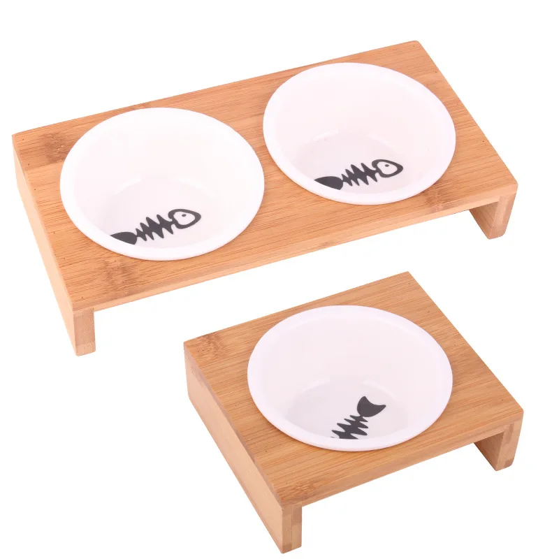 Pet Bowl Ceramic Bowl Cat Bowl Pet Food Bowl Drinking Water Bowl Anti-Skid Wooden Frame Round Ceramic Single Bowl Double Bowl