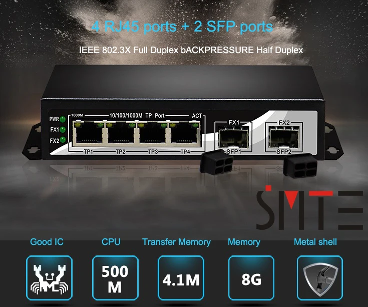 

2 SFP fibre optical port 4 RJ45 TP ports 6 ports 10/100/1000Mbps SC Gigabit Switch FTTH GPON terminal