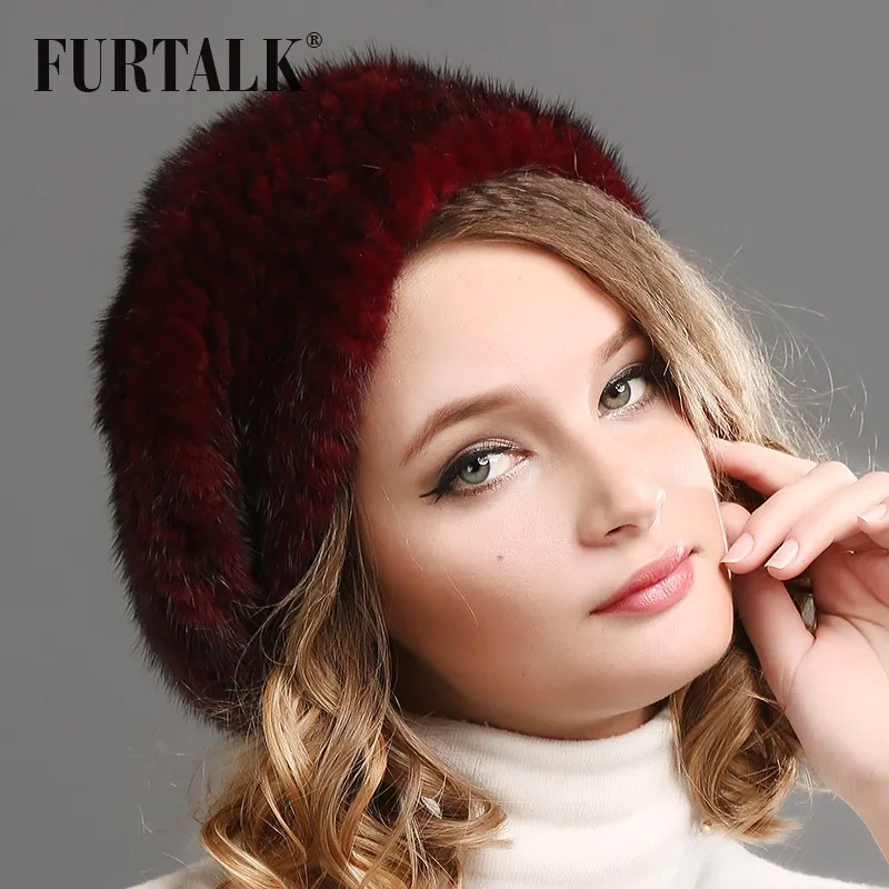 FURTALK, зимний меховой берет для женщин, теплый натуральный мех норки, шапка с помпоном для девушек, мягкая шапка бини для женщин, черный, красный цвет