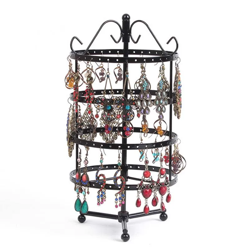 144 Holes Round Revolving Jewelry Display Rack for Earring Holder Black Metal Necklace Organizer