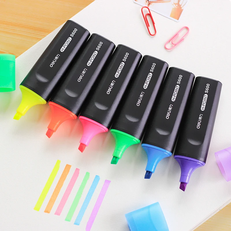 Deli S600 Highlighter Waterproof Drawing Pen Art Markers Pen Not Easy Fade Highlighters Fluorescent Bright Color DropShipping easy to hold useful weightlifting crab pen holder bright color crab pen holder simulation for students
