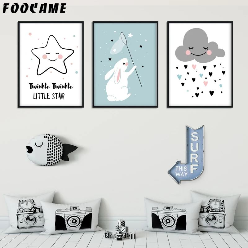 

FOOCAME Cartoon Star Rabbit Cloud LOVE Posters and Prints Art Canvas Painting Home Kids Decoration Wall Pictures For Living Room