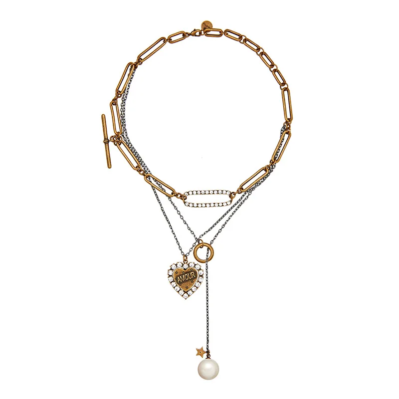 

Vintage INS Style Star Pearl Pendant Necklace Multi Layer Crystal LOVE Peasonalilty Chocker Necklace For Women Bijoux