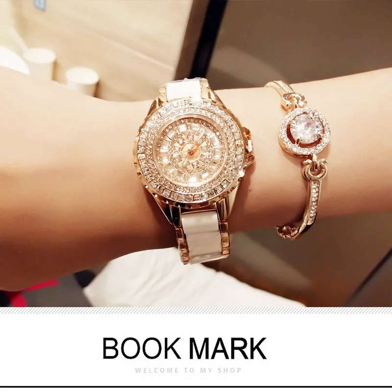 

Casual Fashion Ladies Quartz Watch New Hot Sale Rose Gold Ceramic Strap Full Rhinestone Female Watch