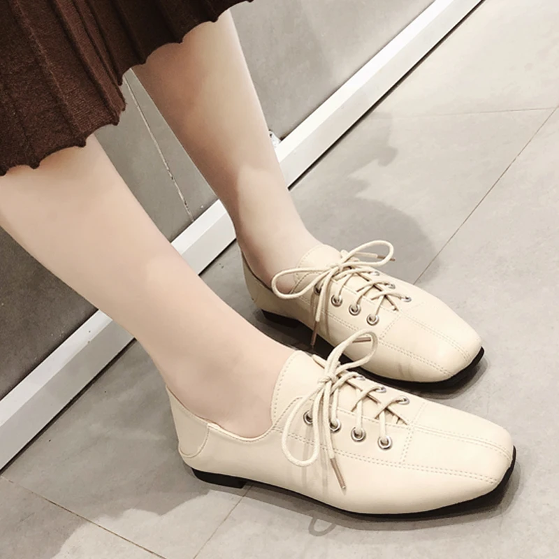 

HEE GRAND 2019 New Spring Low Heels Women Cross-tied Oxfords Shallow Lace Up Pumps Square Toe Shoes Lady Daily Shoes XWD7408